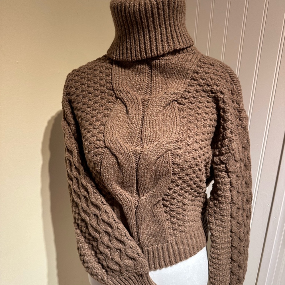 Woven Heart Chocolate Cable Knit Turtleneck Sweater